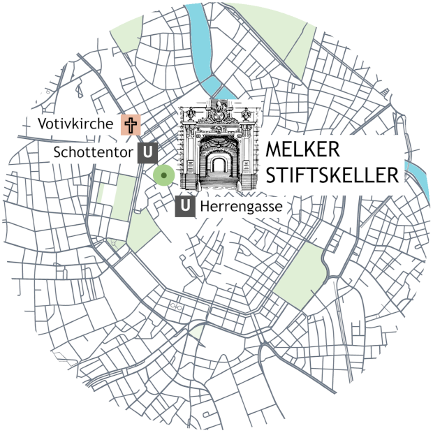 Lage Restaurant Melker Stiftskeller in Wien: Nähe Ubahnstationen Schottentor und Herrengasse und der Votivkirche
