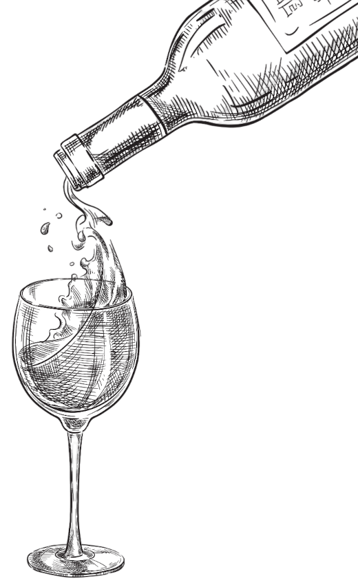 Zeichnung eines Glases Wein, dass gerade eingefüllt wird